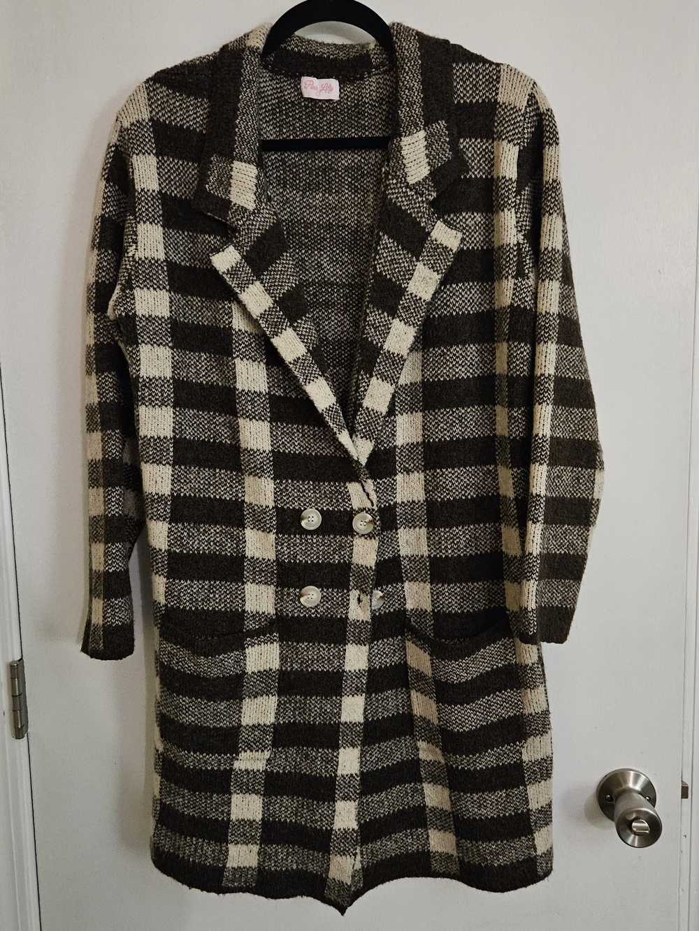 Pink Lily Brown & Cream Plaid Knit Blazer Coatigan